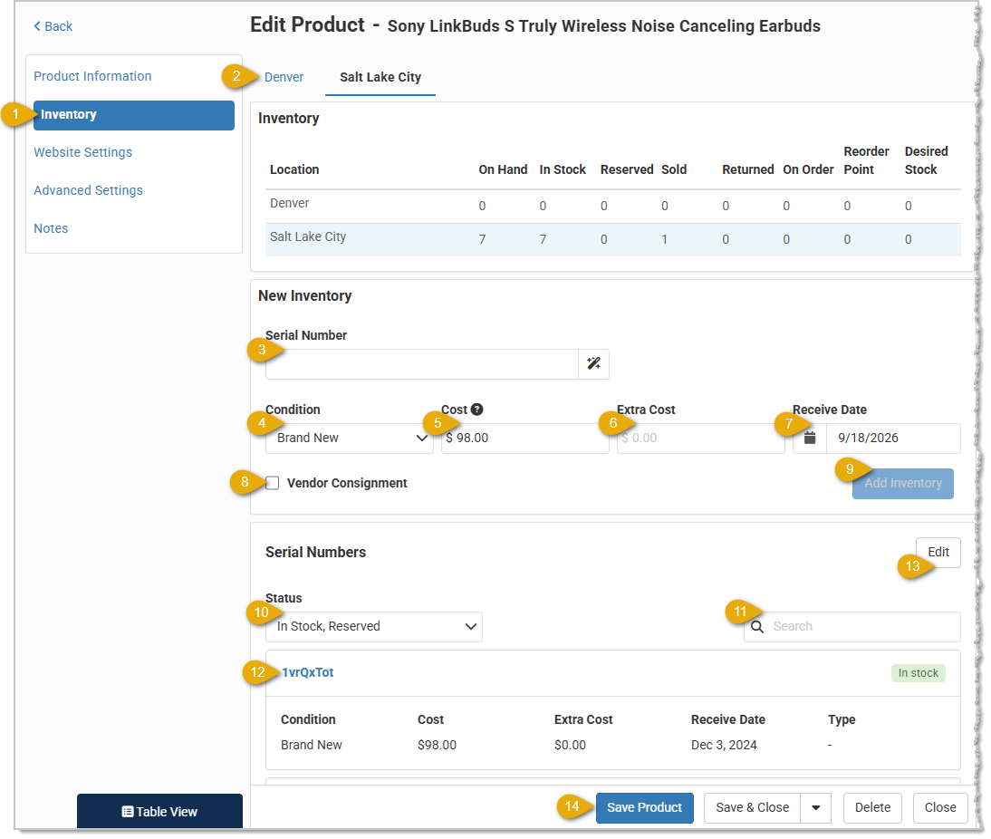 Image showing serialized inventory options in the Edit Product page of the  system.