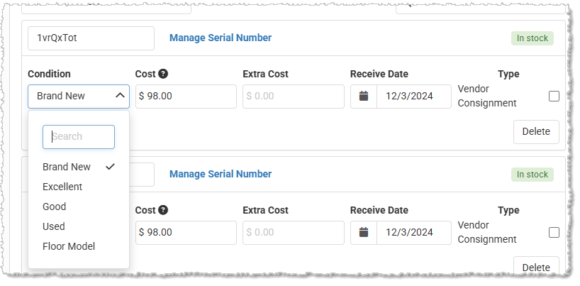 Image showing the Edit view of the Serial Numbers area of the Inventory tab of the Edit Product page in the  system.