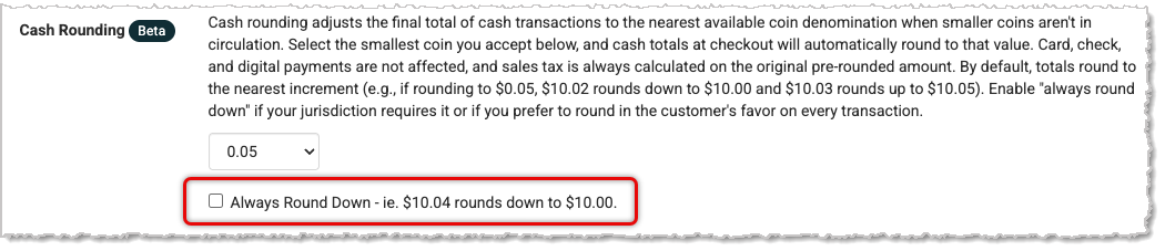 Cash Rounding Always Round Down Setting