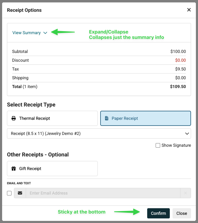 Image showing updates to the Print Receipt window in the Rain POS POS.