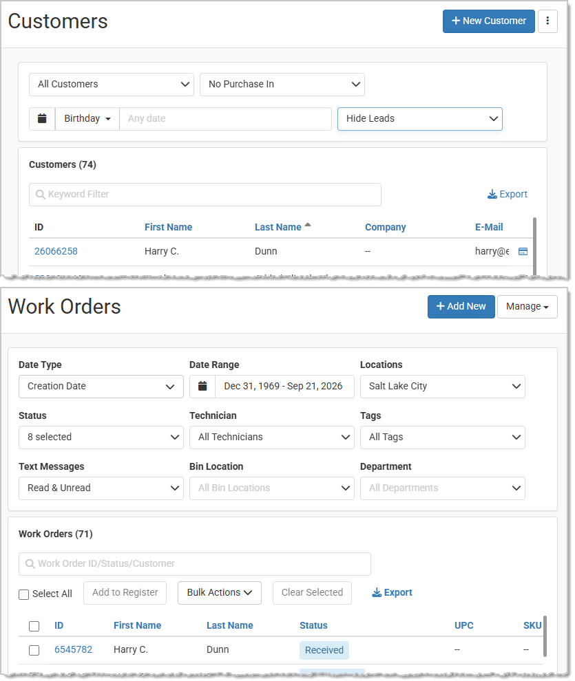 Image showing UI modernization examples from the Customers list page and the Work Orders list page.