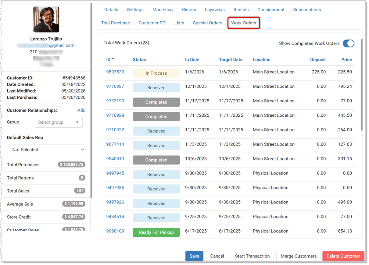 Work Orders Tab in Customer Details Panel