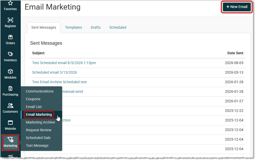 Image showing the Marketing menu with Email Marketing highlighted and the +New Email button highlighted on the Email Marketing page of the  system.