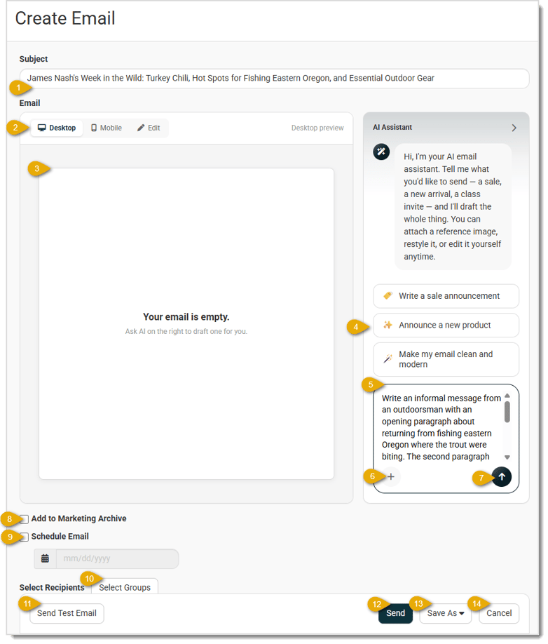 Image showing the Create Email page of the  system with key features highlighted.