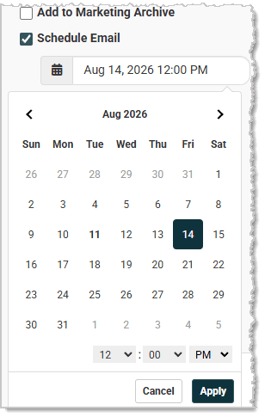 Image showing the date and time picker for the Create Email page of the  system.