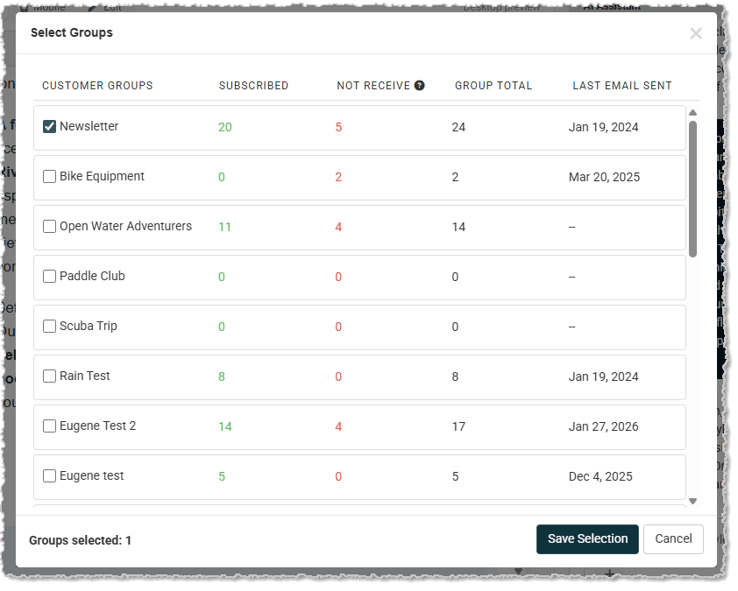 Image showing the Select Groups window of the Create Email page in the  system.