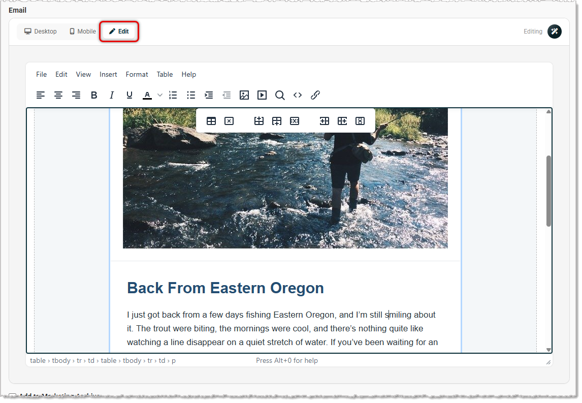 Image showing the content editor of the Create Email page in the  system.
