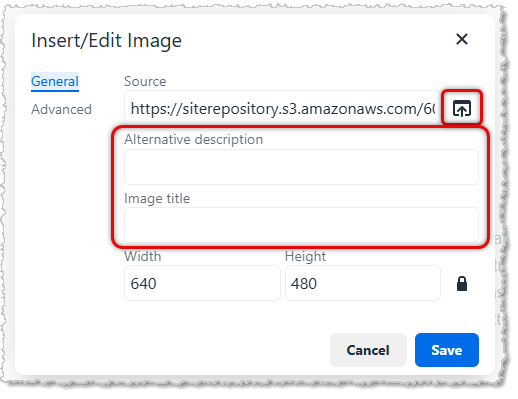 Image showing the Insert/Edit Image window of the Create Email page in the  system.