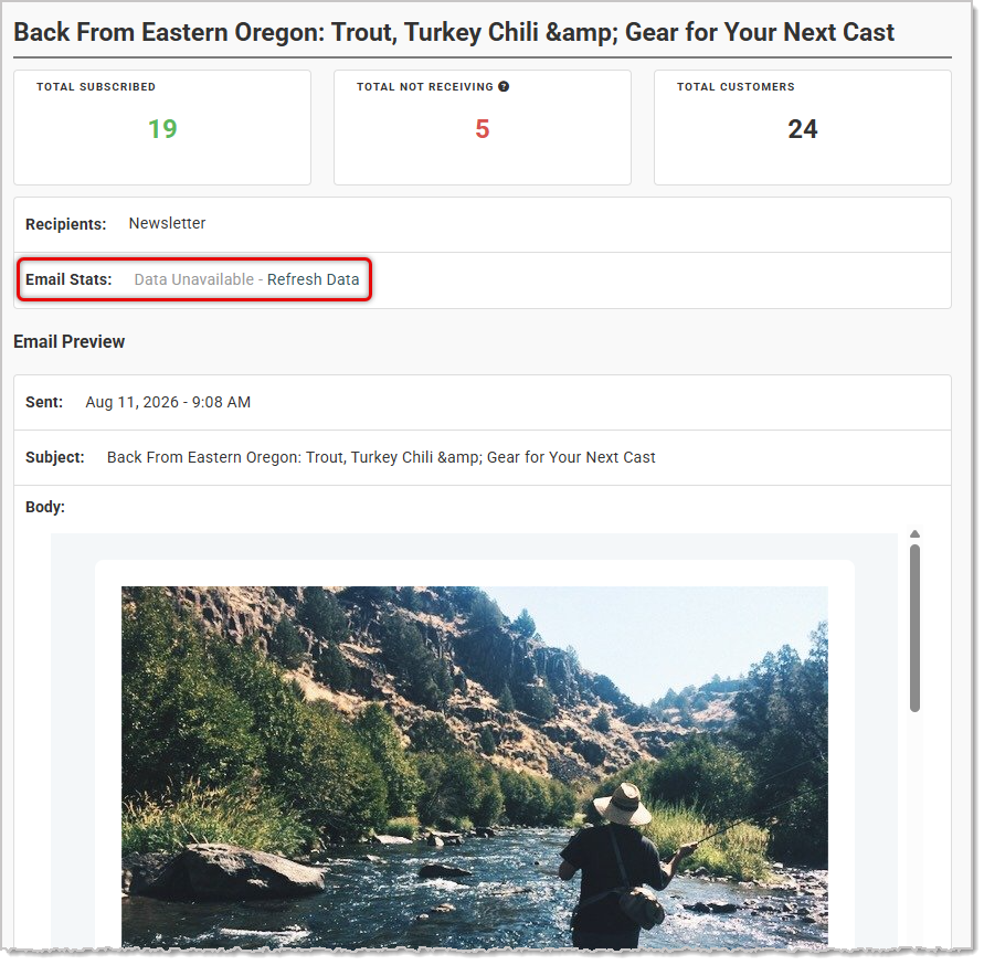 Image showing a sent email message from the Email Marketing page of the  system.
