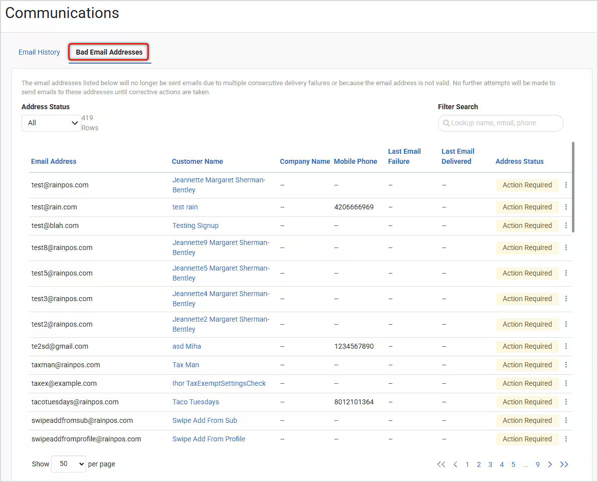 Image showing the Bad Email Addresses tab in the Communications module in the Rain POS system.
