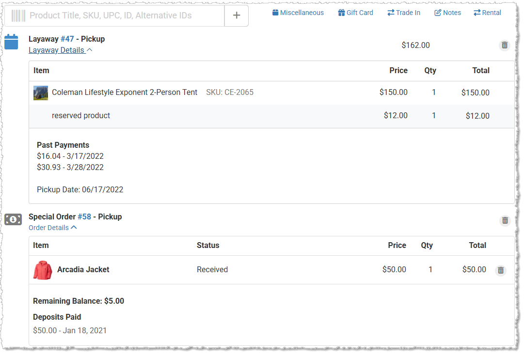 layaway & SO detail view in register b
