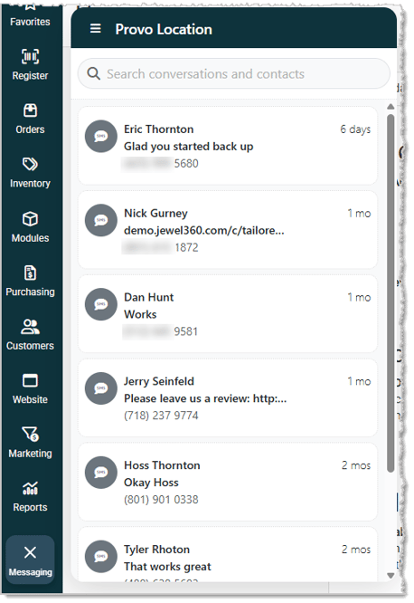 Image showing the conversation history in the Messaging Assistant for a system store.