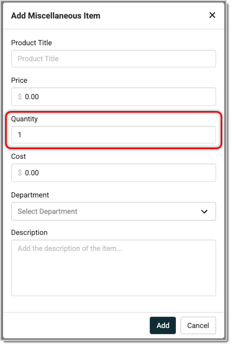 Image showing the Quantity field of the Add Miscellaneous Item window of the  system Register and Work Order modules.