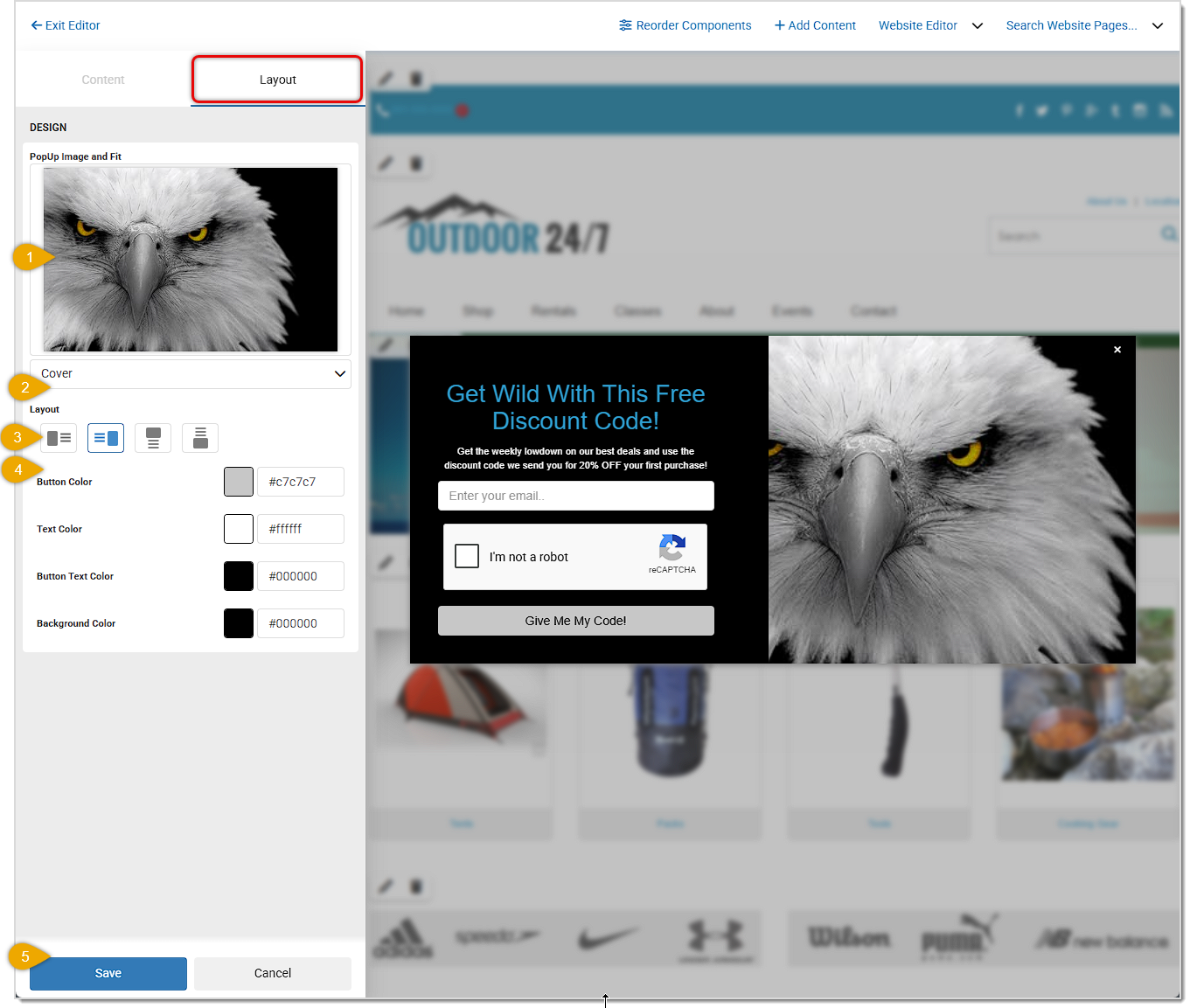 Image showing the Layout tab of the Marketing Pop Up website module.