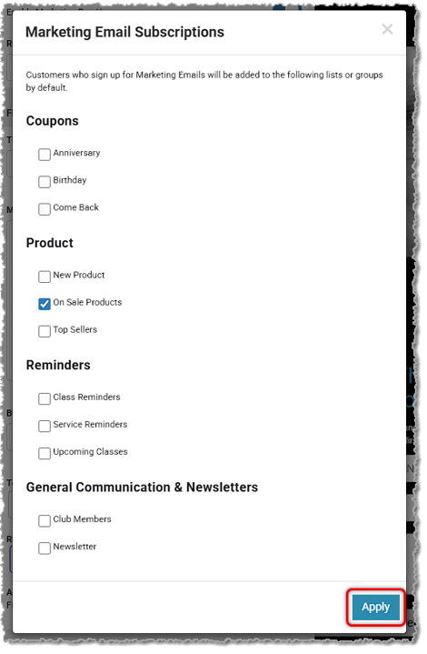 Image showing the Marketing Email Subscription configuration options for Marketing Pop Ups.