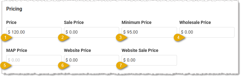 Image showing pricing options on the Product Information tab of the Edit Product page in the  system.