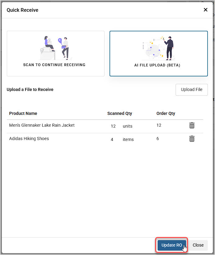 Image showing how to update a Receiving Order with advanced receiving options.
