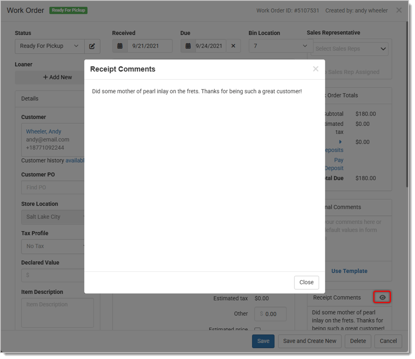 rct comments popup in Work Order