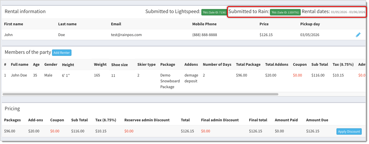 Image showing a rental in Rezo that has synced to an Invoice in the  system.