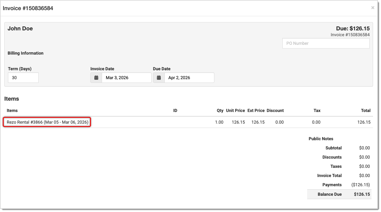 Image showing an invoice in the  system created through the Rezo integration.