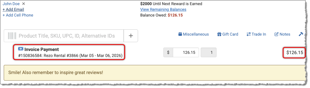 Image showing a Register payment for an invoice that was created through the Rezo integration.