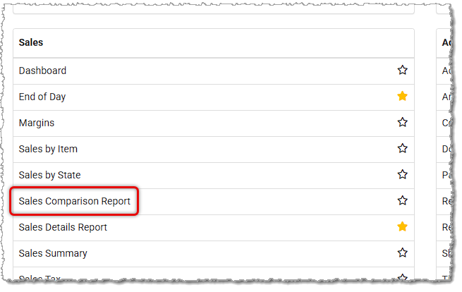 Image showing the Sales Comparison report link on the Reports page of the Rain POS system.