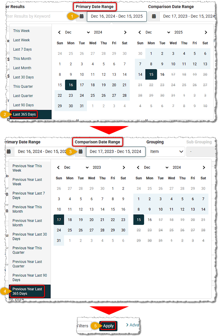Image showing the comparison date range selection process in the Sales Comparison Report of the Rain POS system.