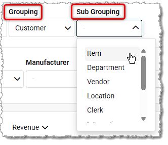 Image showing the Grouping and Sub-Grouping filters of the Sales Comparison Report in the Rain POS system.
