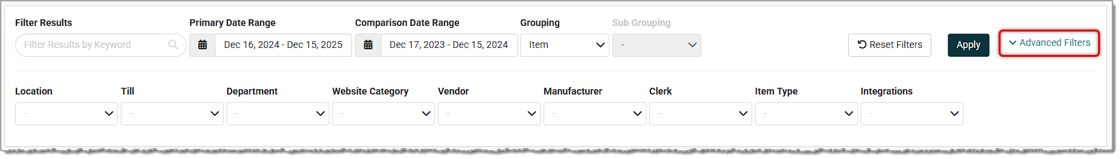 Image showing the Advanced Filters of the Sales Comparison Report in the Rain POS system.
