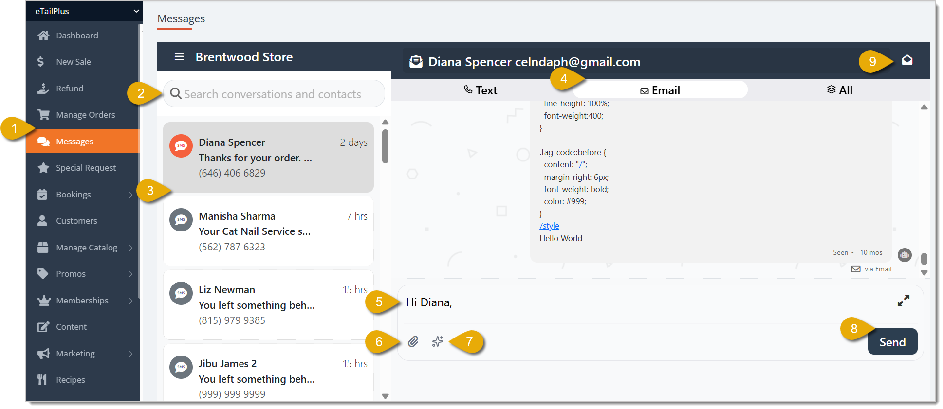 Image showing how to compose marketing emails in the Rain POS system.
