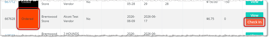 Image showing a purchase order in the Ordered status with the Check In button visible on the Purchase Orders page of the Rain POS system.
