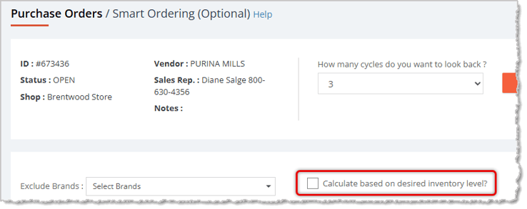 Image showing how to populate a purchase order using desired inventory level in the Rain POS system.