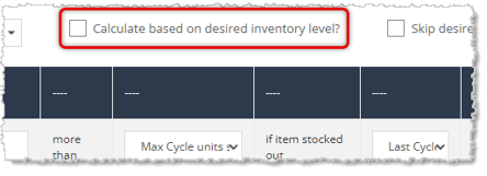 Image showing the checkbox to populate a purchase order using desired inventory levels and quantities on hand for the vendor items in the Rain POS system.
