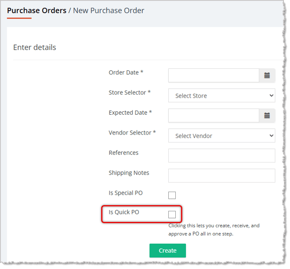 Image showing the checkbox to set a new Purchase Order to be a Quick PO in the Rain POS system.